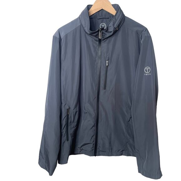 Tumi T-Tech Windbreaker Jacket Zip Up Stowaway Hooded Travel Gray Men's Large
